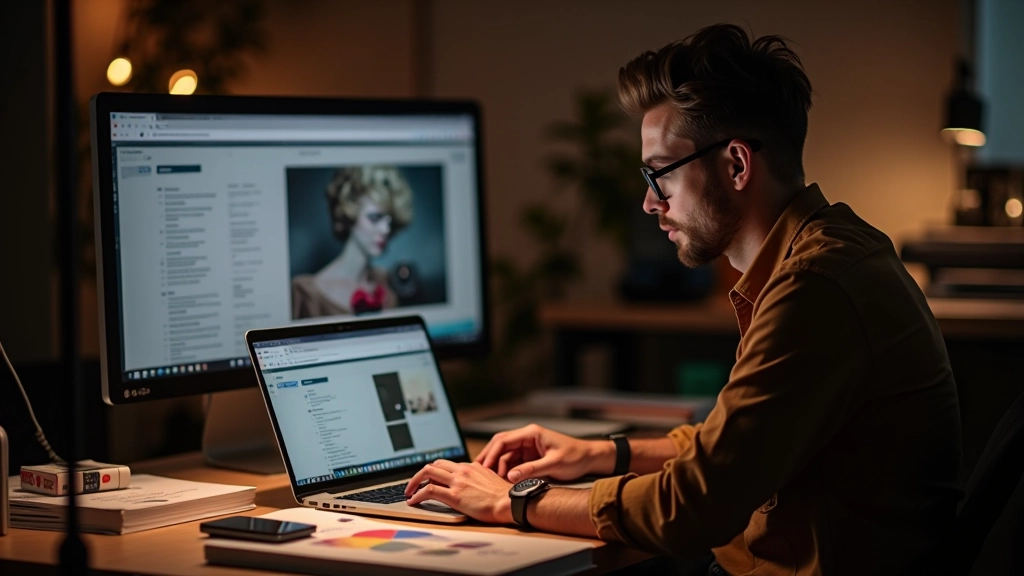Designer die portfolio uitwerkt met kleurenpalet en design elementen op scherm
