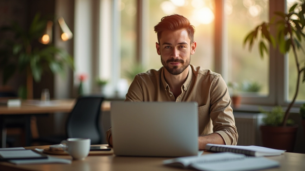 Freelancer aan bureau met koffie, laptop en notitieblok, werken aan design project