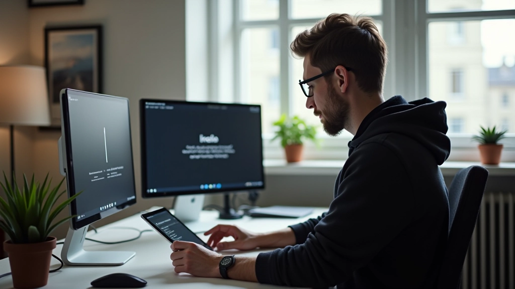 Motion designer aan het werk op laptop met grafische tablet in modern kantoor