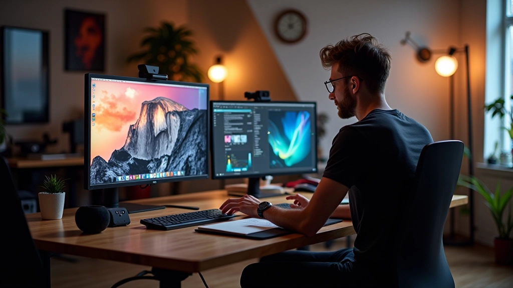 Motion designer aan het werk in moderne studio met schermen en grafische tablet